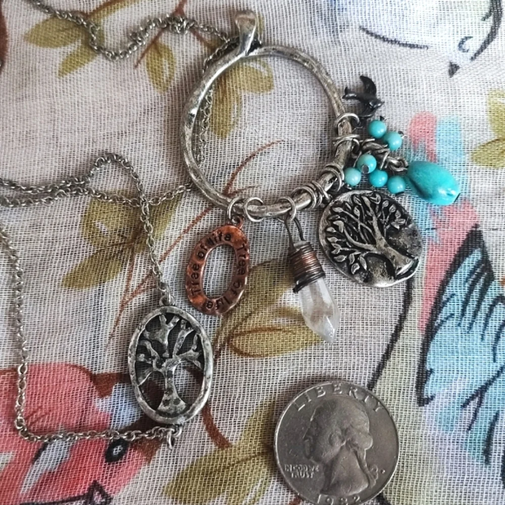 Multi Pendant 5 Charms Tree Of Life Crystal Faux Turquoise Extra Long Necklace